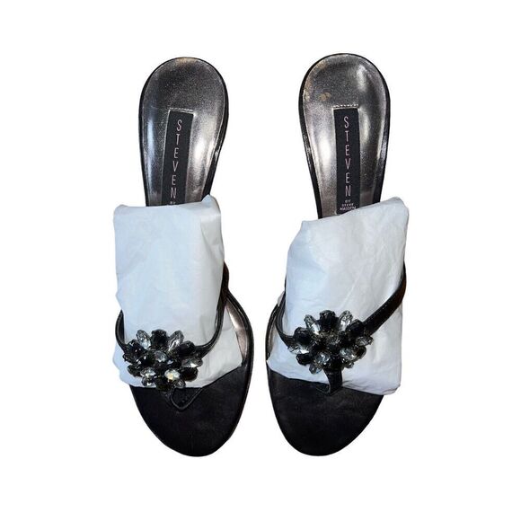 Steven by Steve Madden Black Strappy Sandal Heel With Flower Jewels Womens Sz 10 - Picture 5 of 12